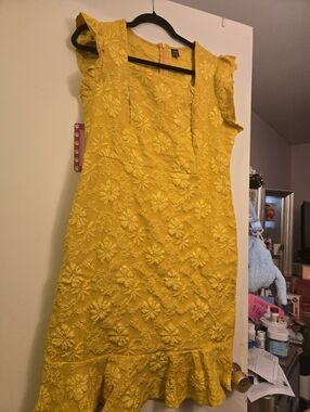 Yellow Floral Embroidered Ruffle-Hem Dress